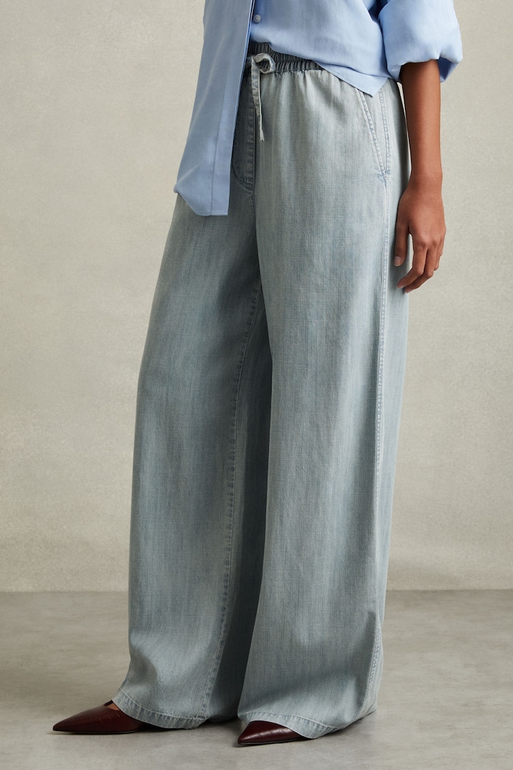 Reiss Light Blue Carter Petite Denim Look Wide Leg Trousers - Image 1 of 7