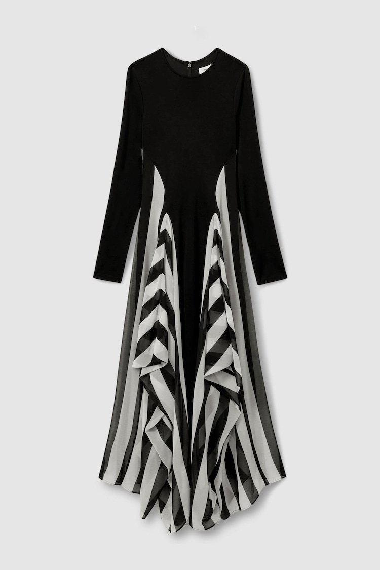 Reiss Black/White Dita Jersey Flared Hem Midi Dress - Image 2 of 5