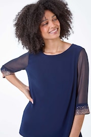 Roman Blue Sparkle Embellished Cuff Chiffon Top - Image 5 of 5