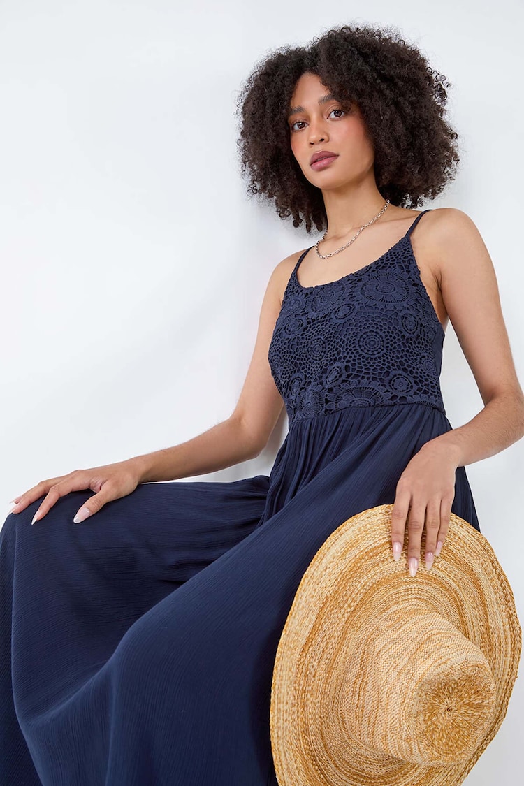 Roman Blue Lace Bodice Shirred Midi Dress - Image 2 of 5