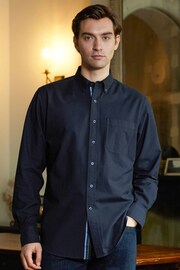 The Savile Row Company Navy Blue Button Down Oxford 100% Cotton Shirt with Stripe placket - Image 1 of 5