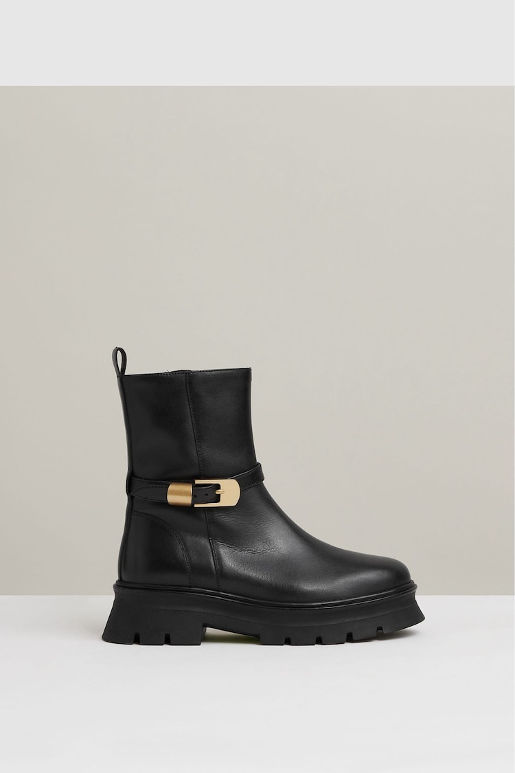 Reiss Black Elena Leather Cleated Ankle Boots - Image 1 of 5