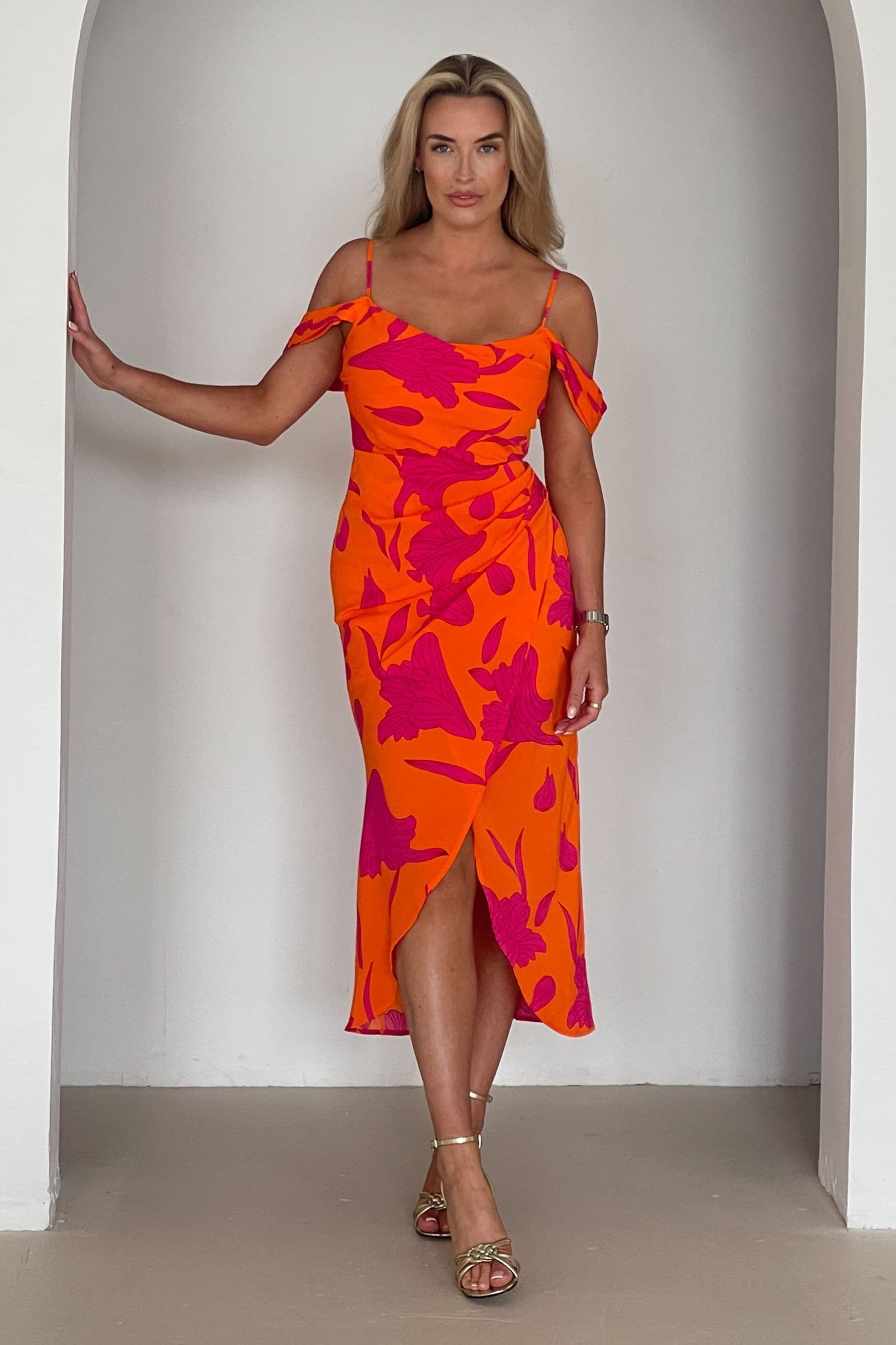 Girl In Mind Orange Camila Cold Shoulder Wrap Midi Dress