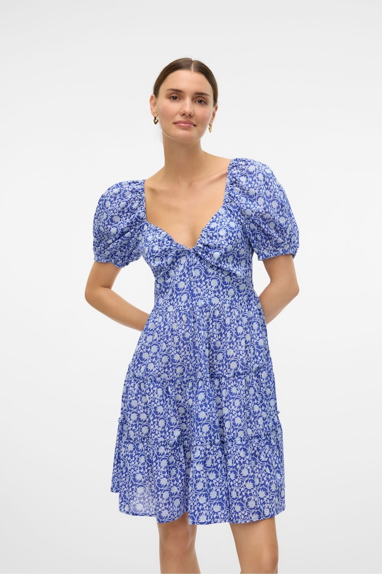 VERO MODA Blue Puff Sleeve Smock Floral Mini Dress - Image 1 of 7