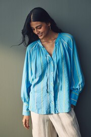 Blue Stripe Tie Neck Long Sleeve Blouse - Image 1 of 9