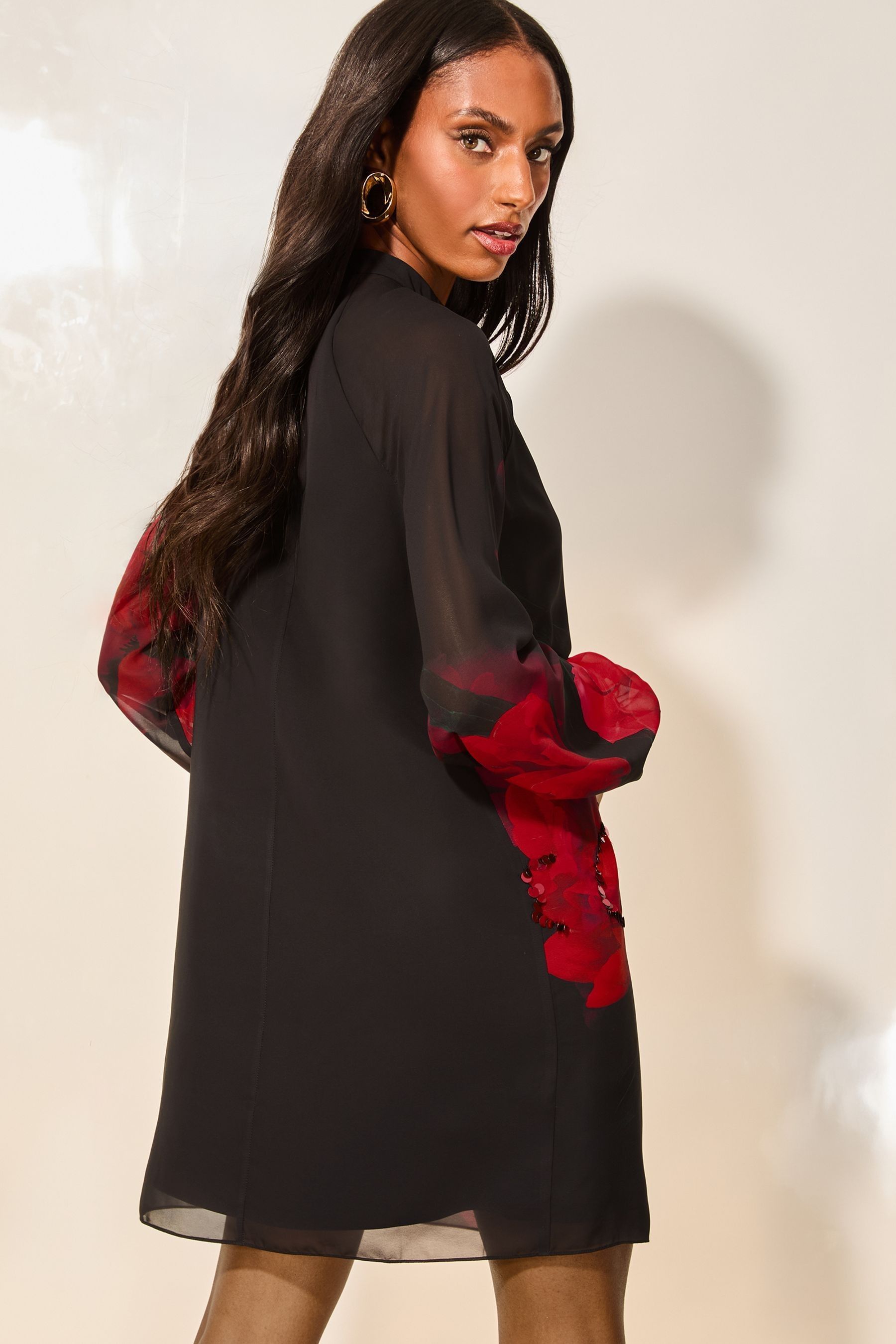 Lipsy Red Print Long Sleeve Hand Embellished Floral Mini Shift Dress