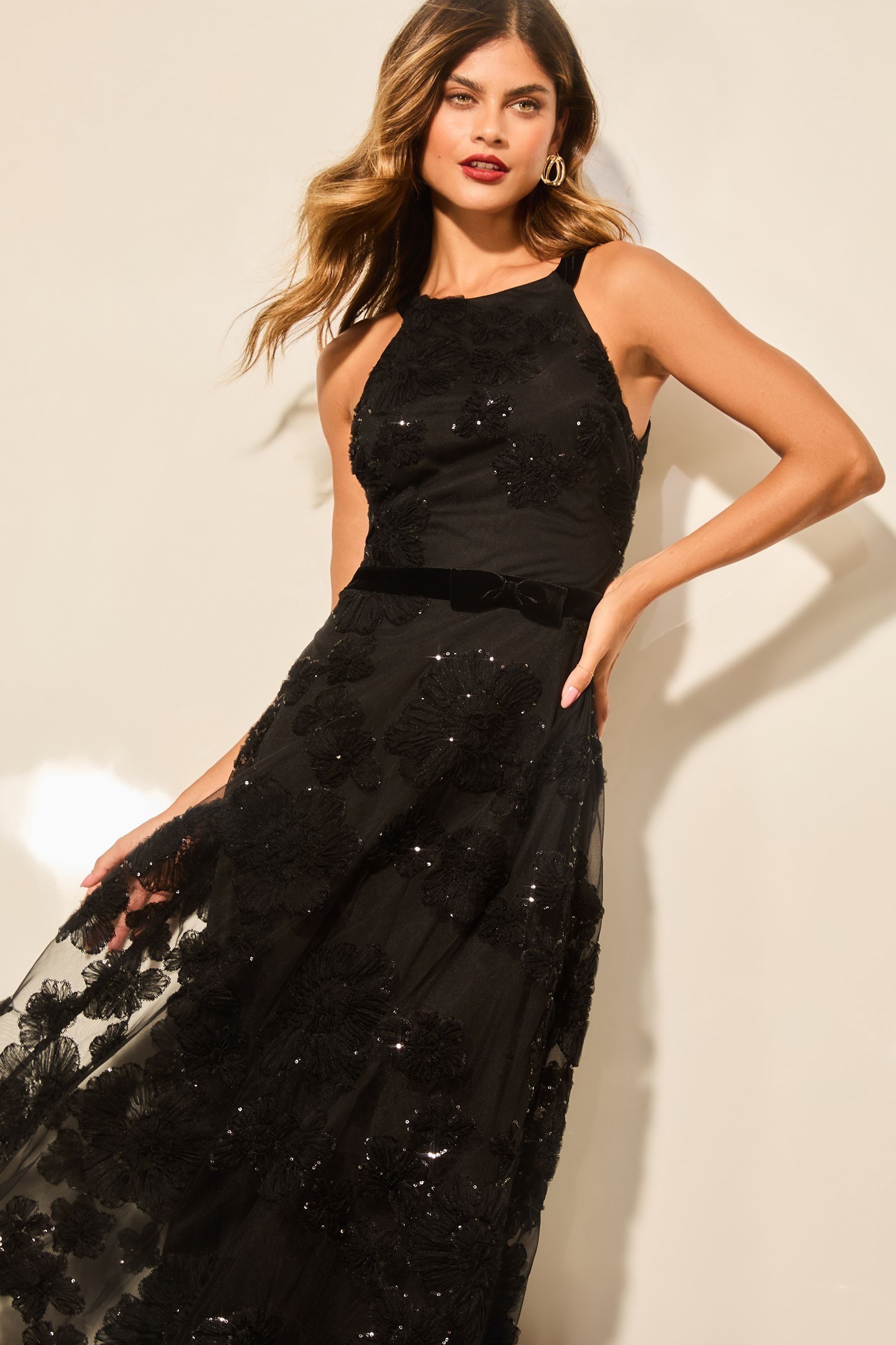 Lipsy Black Premium Sequin Applique Halter Prom Midi Dress
