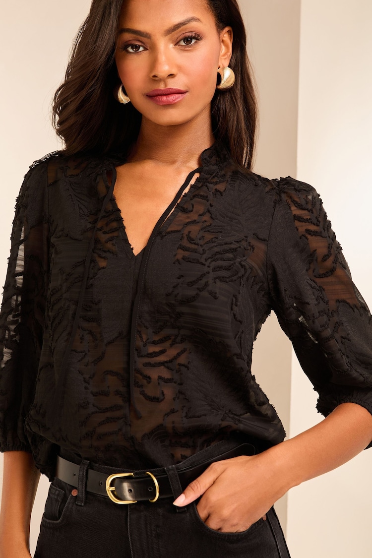 Lipsy Black 3/4 Sleeve Burnout Tie Neck Blouse - Image 1 of 4