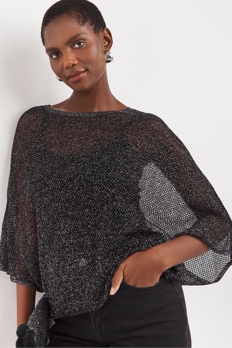 JD Williams Black Sparkle Mesh Tie Neck Top - Image 1 of 5