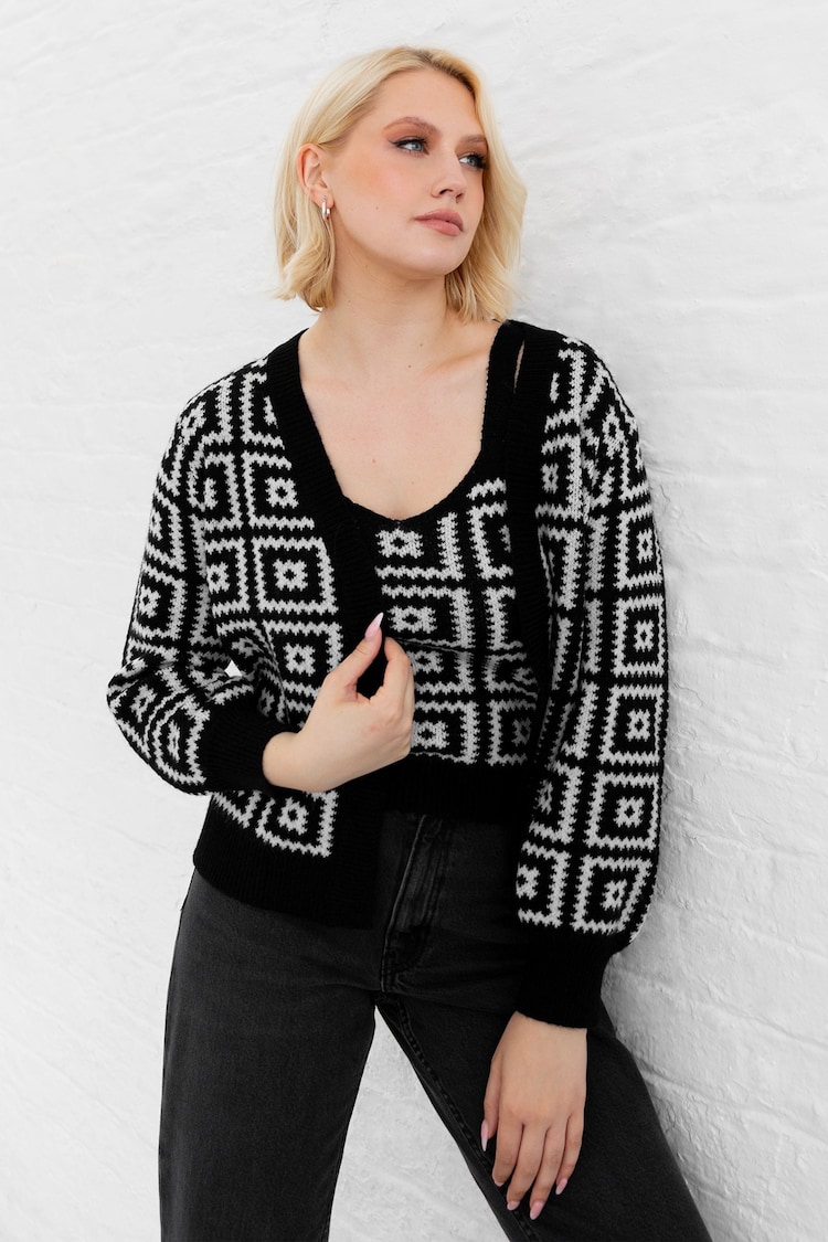 Lovedrobe Granny Square Print With Black Rib Cardigan And Crop Set - Image 1 of 6