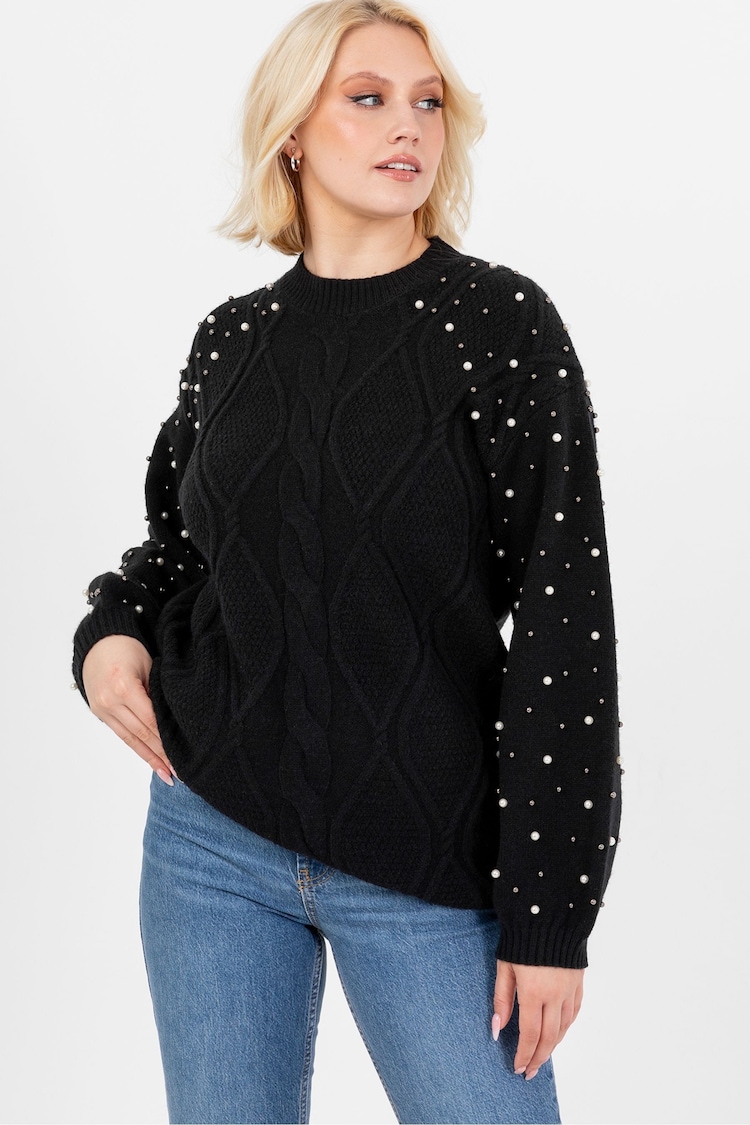 Lovedrobe Pearl Embellished Long Length Cable Knit Jumper - Image 1 of 6