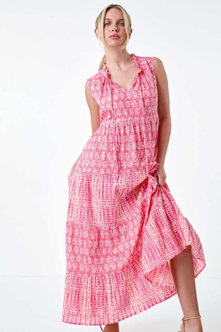 Roman Pink 100% Cotton Tie Dye Tiered Midi Dress - Image 2 of 5