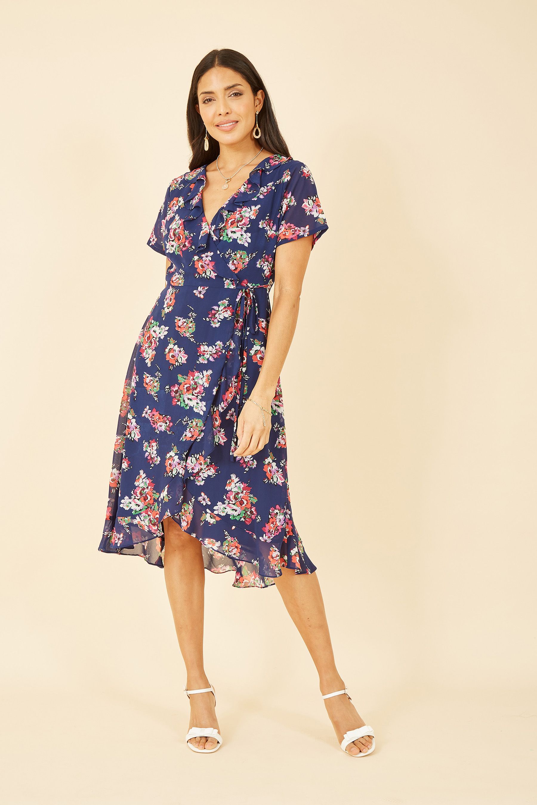 Buy Yumi Blue Floral Frill Wrap Midi Dress from Next Luxembourg