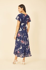 Yumi Dark Blue Satin Crane Print Wrap Dress - Image 3 of 4