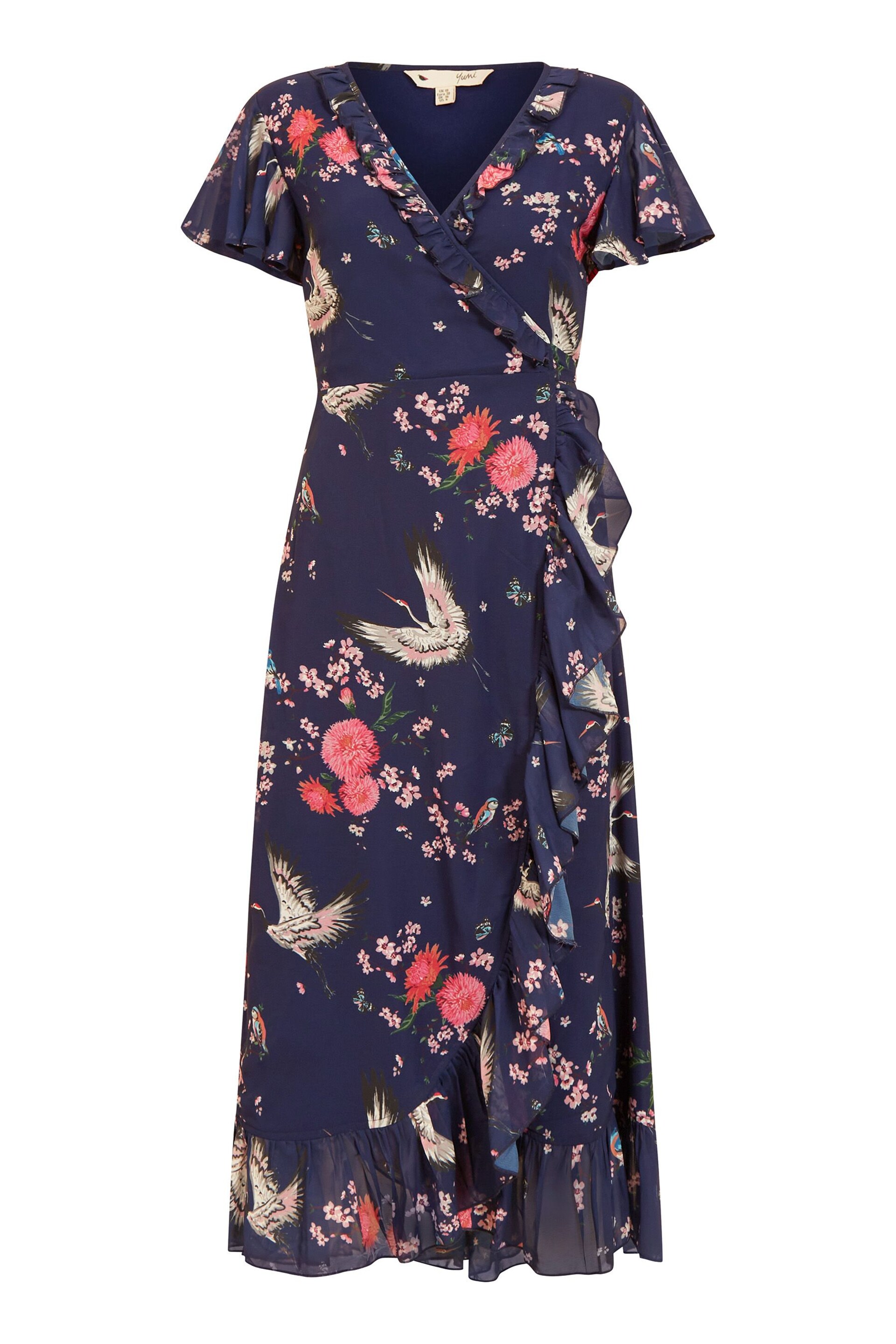 Yumi Dark Blue Satin Crane Print Wrap Dress - Image 4 of 4