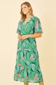 Yumi Green Floral Wrap Midi Dress With Tiered Hem - Image 2 of 5