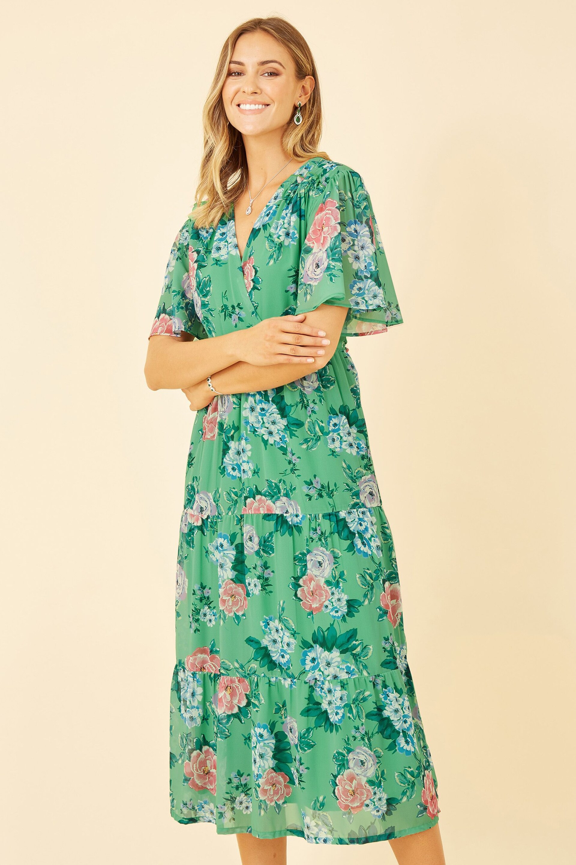 Yumi Green Floral Wrap Midi Dress With Tiered Hem - Image 3 of 5