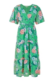 Yumi Green Floral Wrap Midi Dress With Tiered Hem - Image 5 of 5