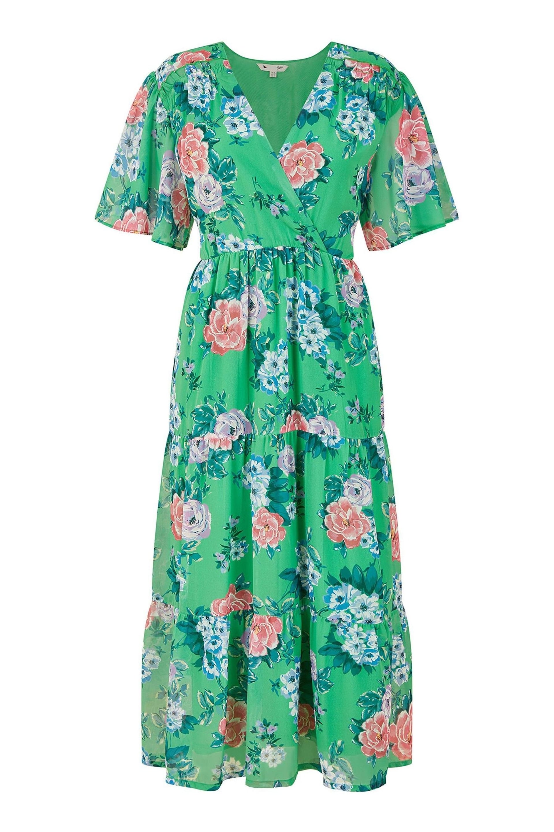 Yumi Green Floral Wrap Midi Dress With Tiered Hem - Image 5 of 5