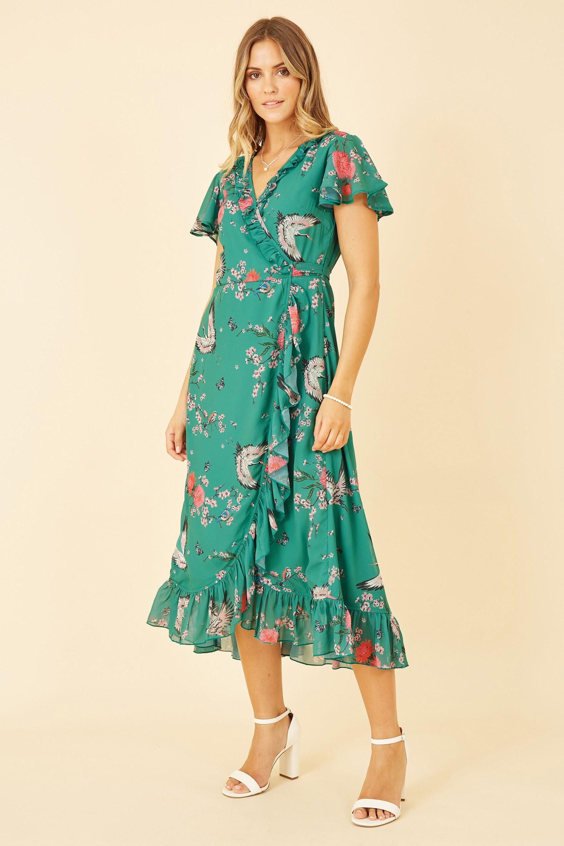 Yumi Green Satin Crane Print Wrap Dress - Image 1 of 5