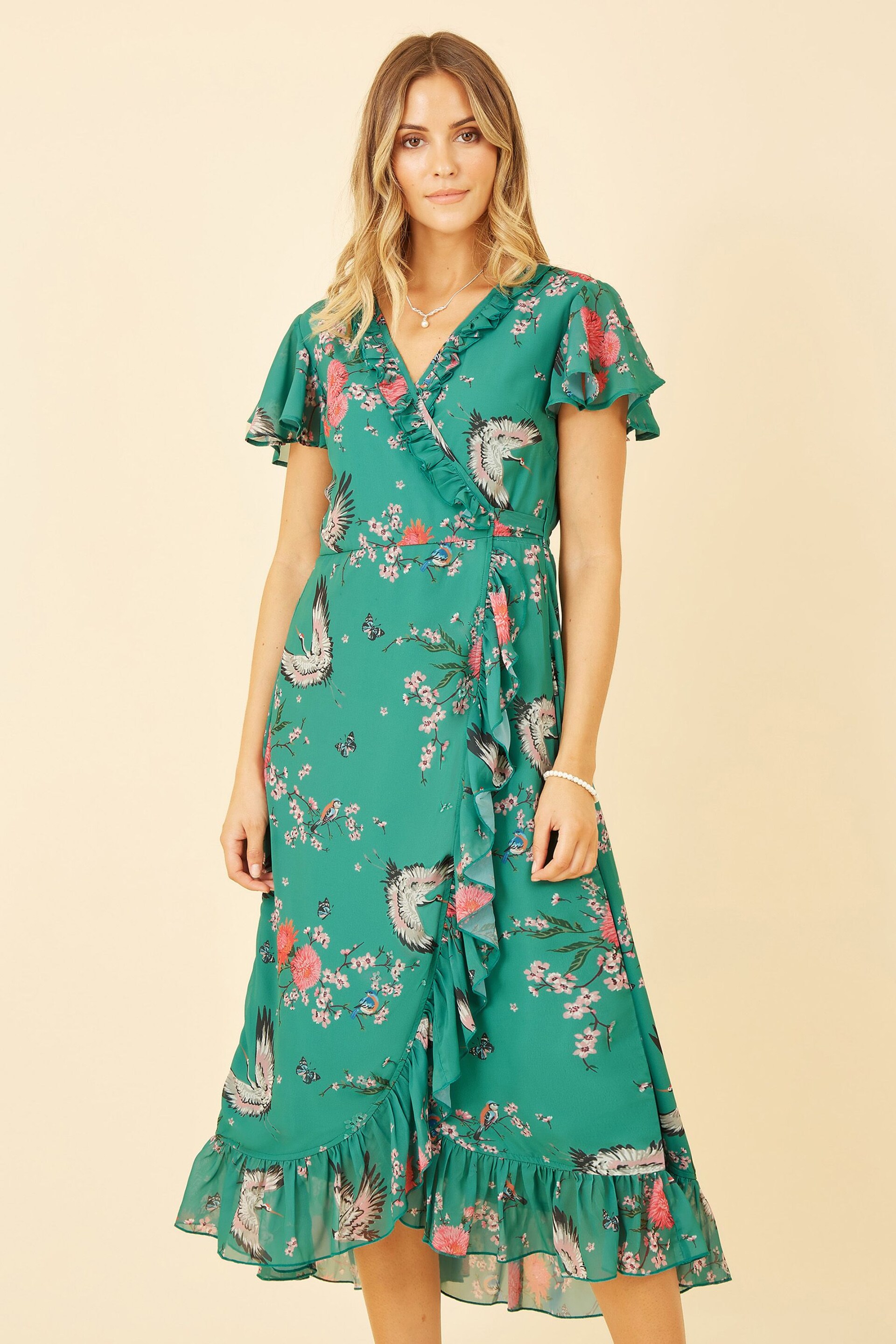 Yumi Green Satin Crane Print Wrap Dress - Image 2 of 5