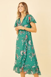 Yumi Green Satin Crane Print Wrap Dress - Image 3 of 5