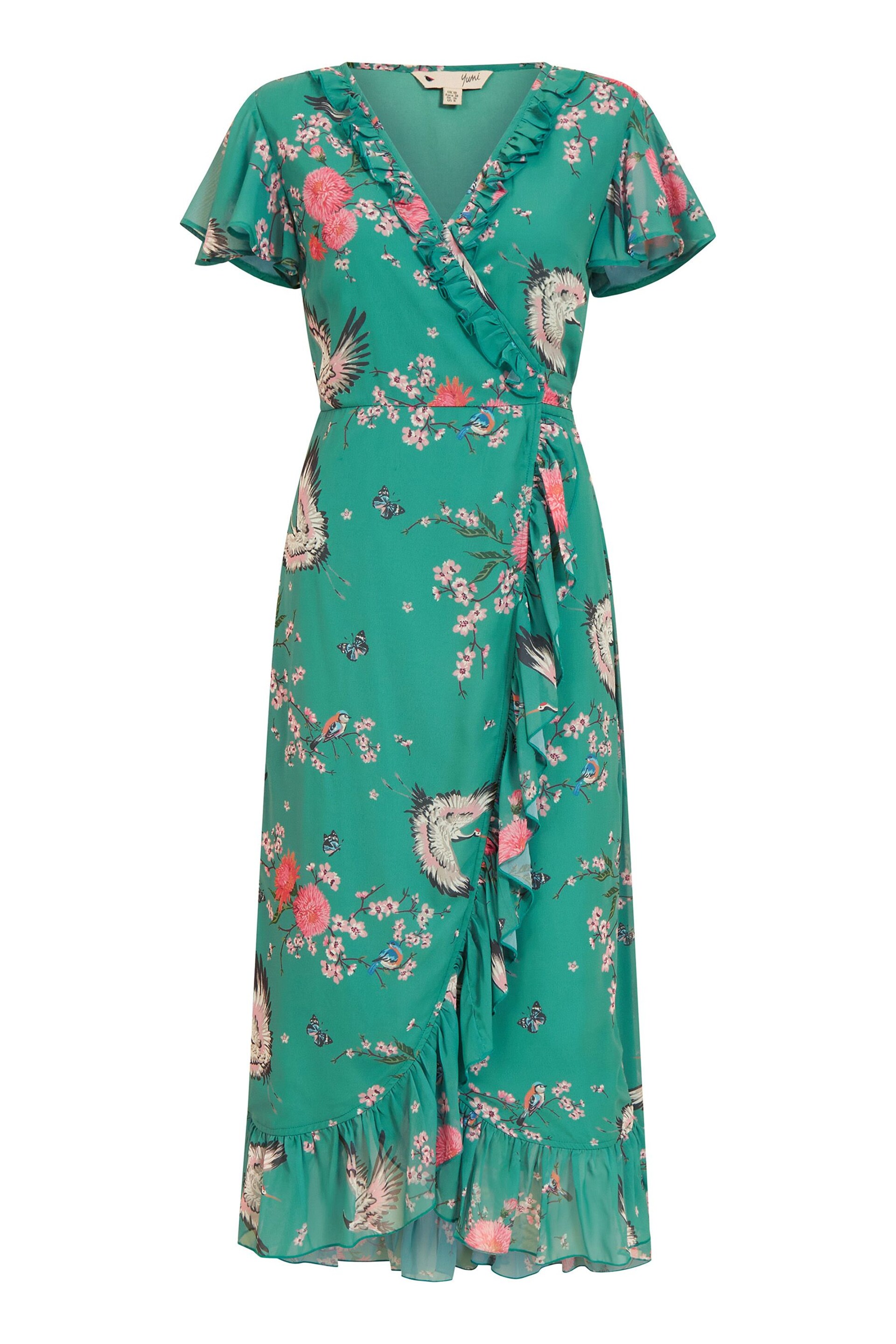 Yumi Green Satin Crane Print Wrap Dress - Image 5 of 5