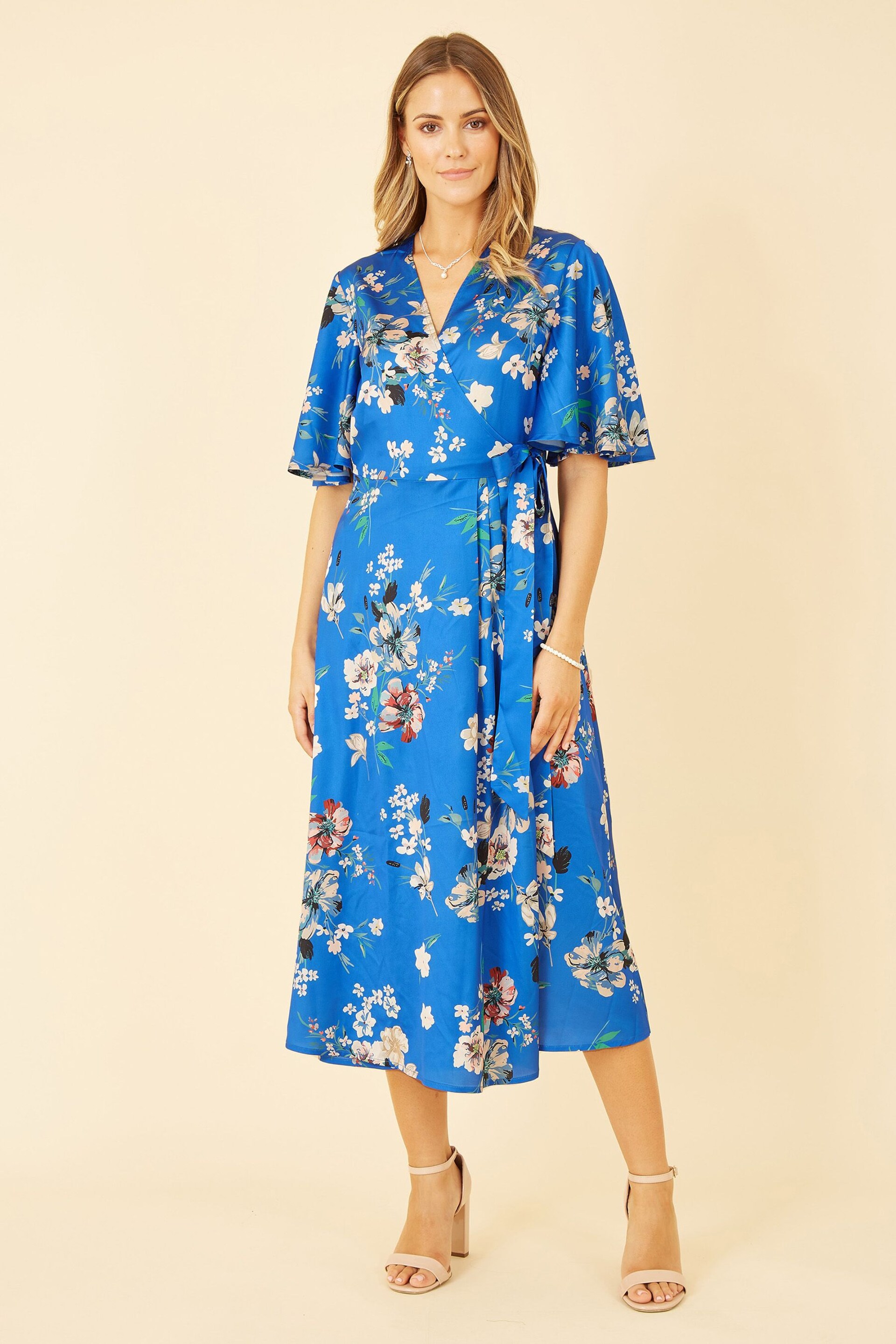 Yumi Blue Floral Satin Wrap Dress - Image 1 of 4