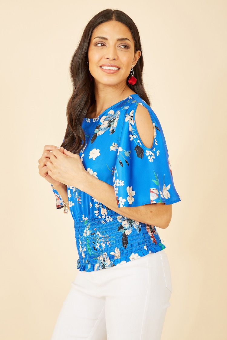 Yumi Blue Floral Satin Top With Angel Sleeves - Image 2 of 5