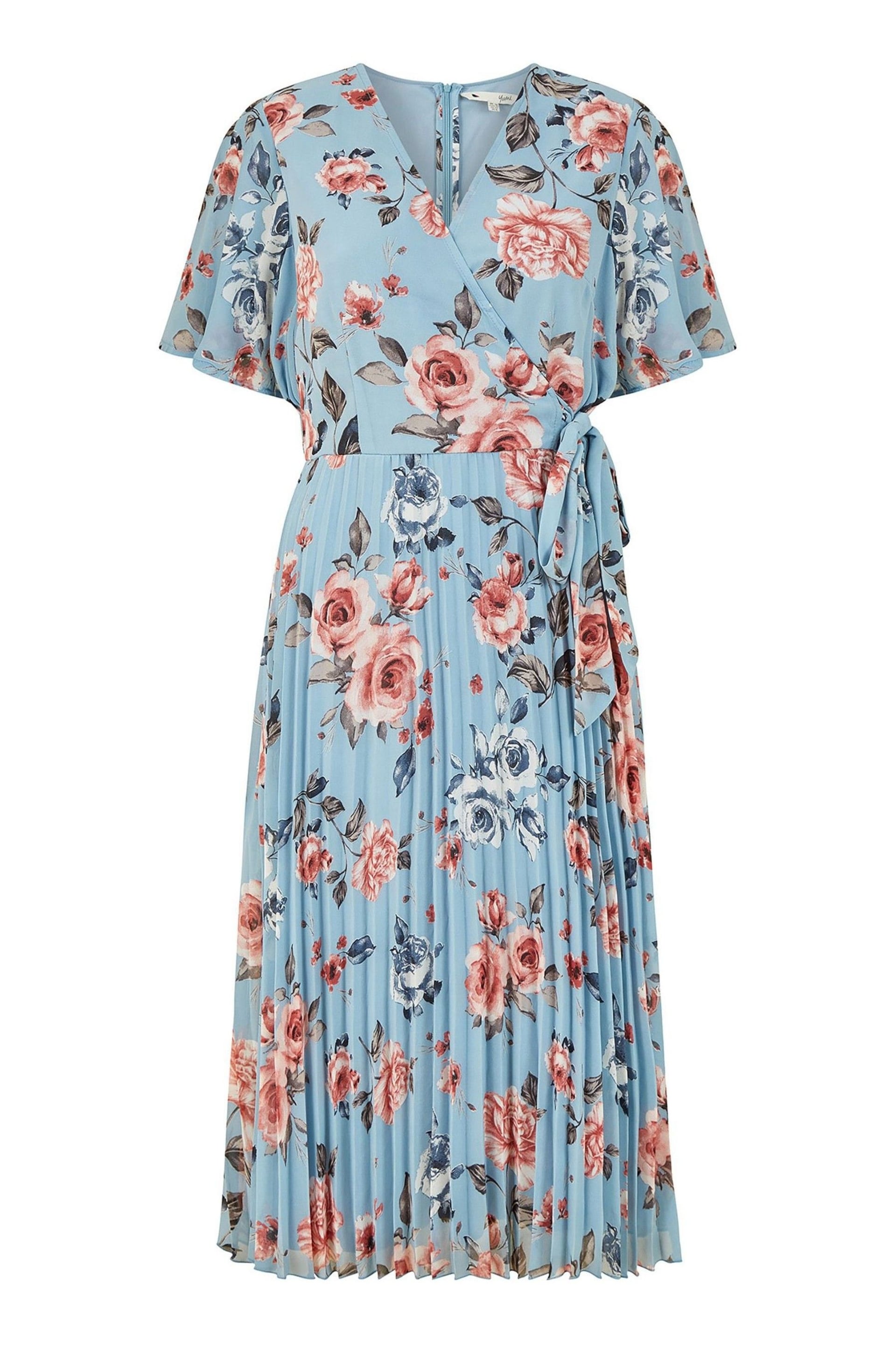 Yumi Blue Floral Pleated Wrap Midi Dress - Image 5 of 5