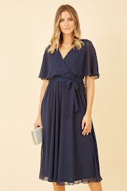 Yumi Blue Wrap Midi Dress With Flutter Sleeve - Image 1 of 5