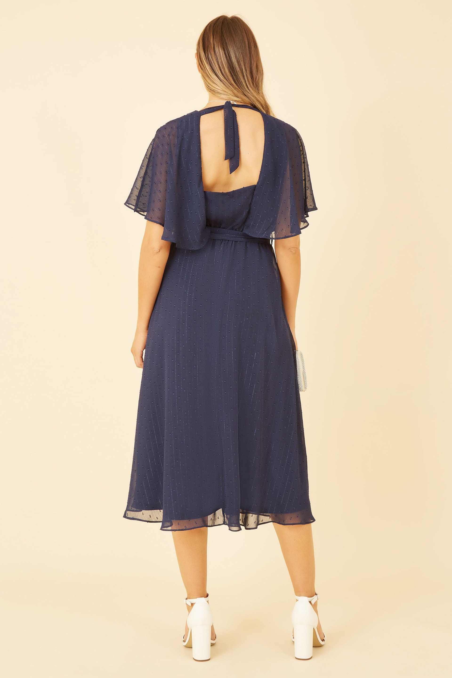 Yumi Blue Wrap Midi Dress With Flutter Sleeve - Image 4 of 5
