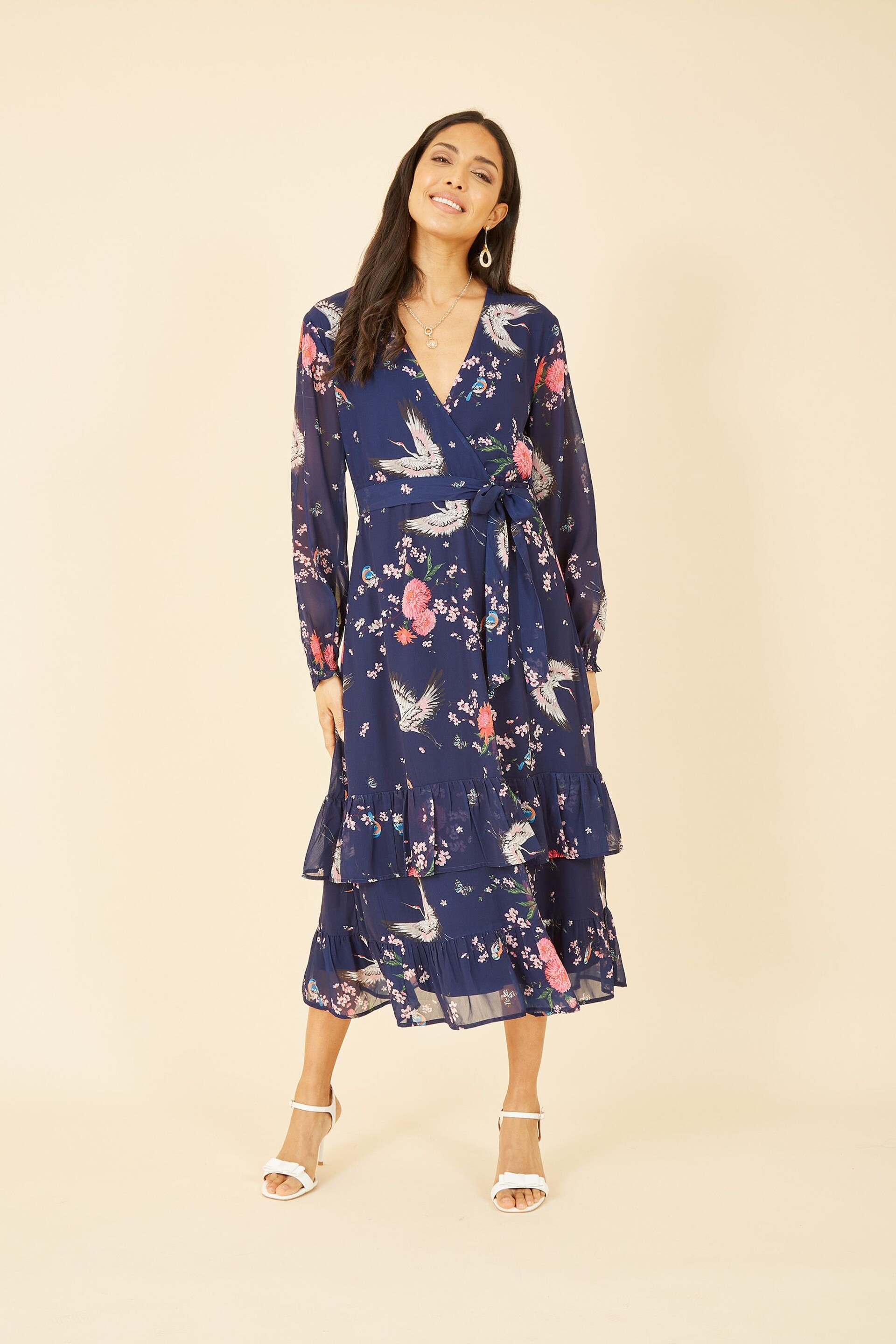 Yumi Dark Blue Crane Print Long Sleeve Wrap Midi Dress - Image 1 of 5