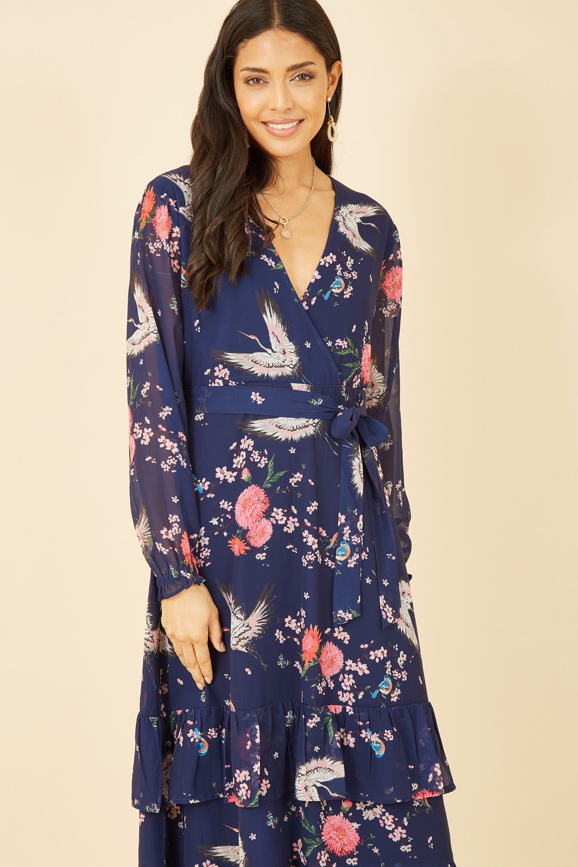 Yumi Dark Blue Crane Print Long Sleeve Wrap Midi Dress - Image 3 of 5