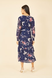 Yumi Dark Blue Crane Print Long Sleeve Wrap Midi Dress - Image 4 of 5