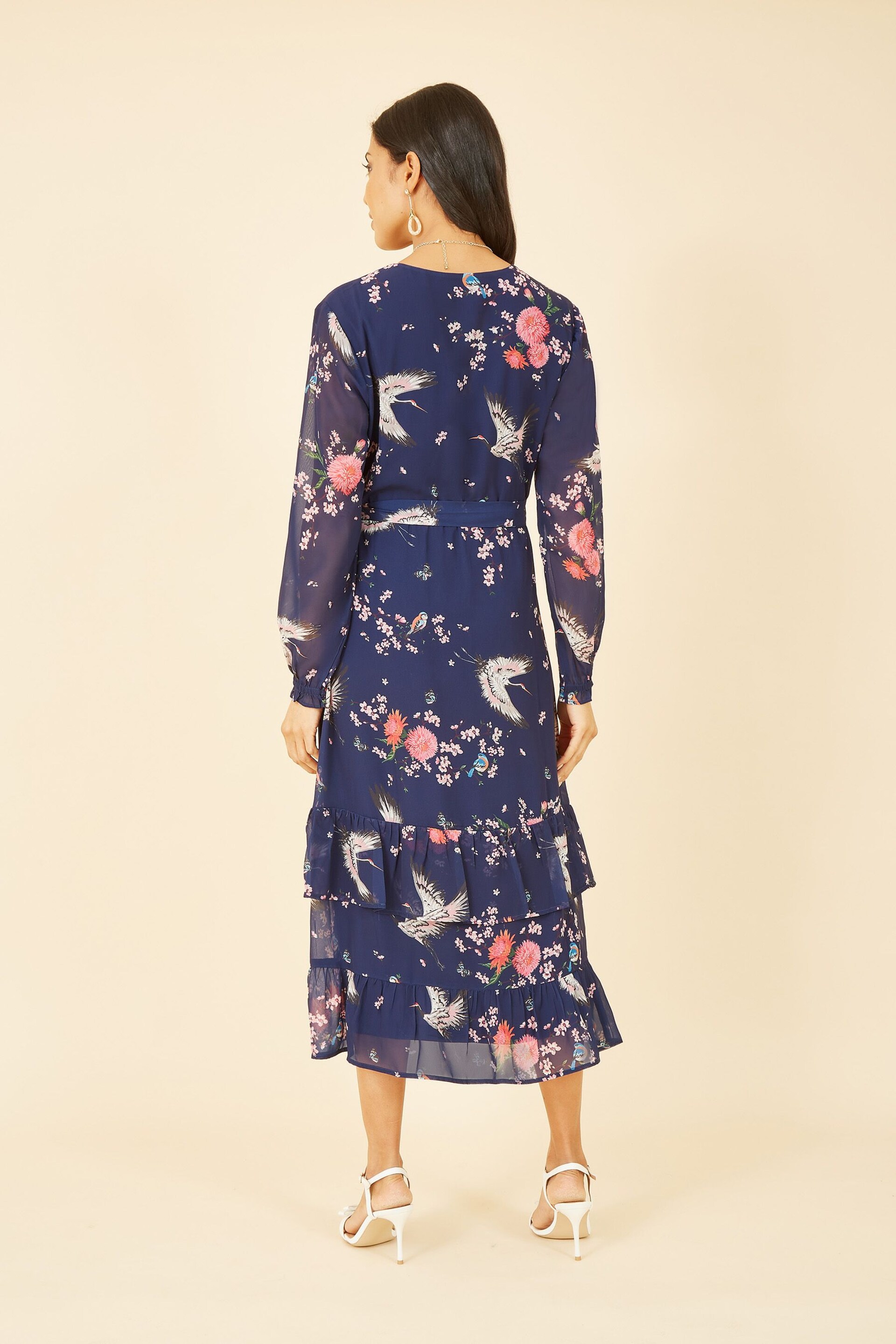 Yumi Dark Blue Crane Print Long Sleeve Wrap Midi Dress - Image 4 of 5