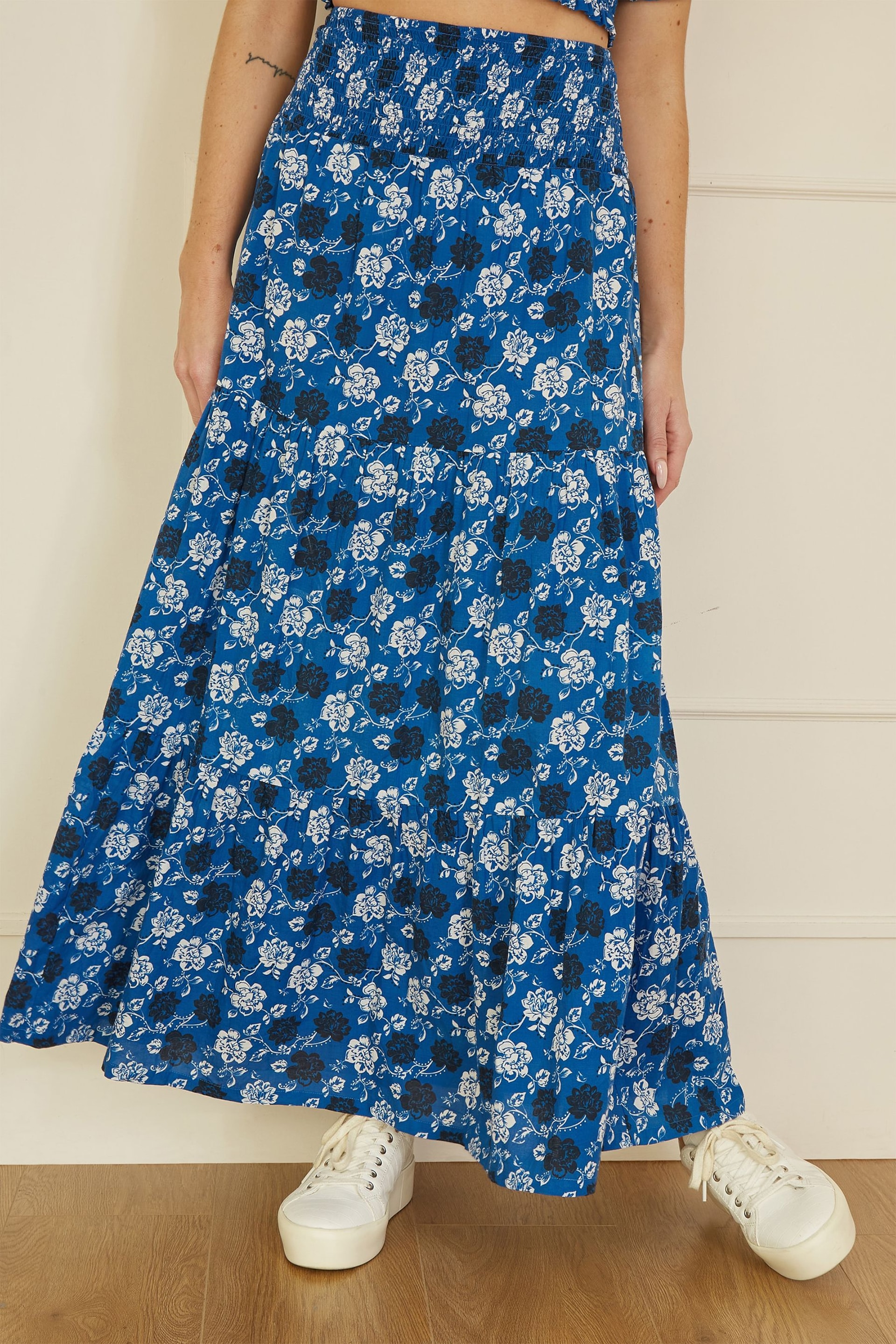 Yumi Blue Cotton Voile Floral Ruched Waist Midi Skirt - Image 2 of 4