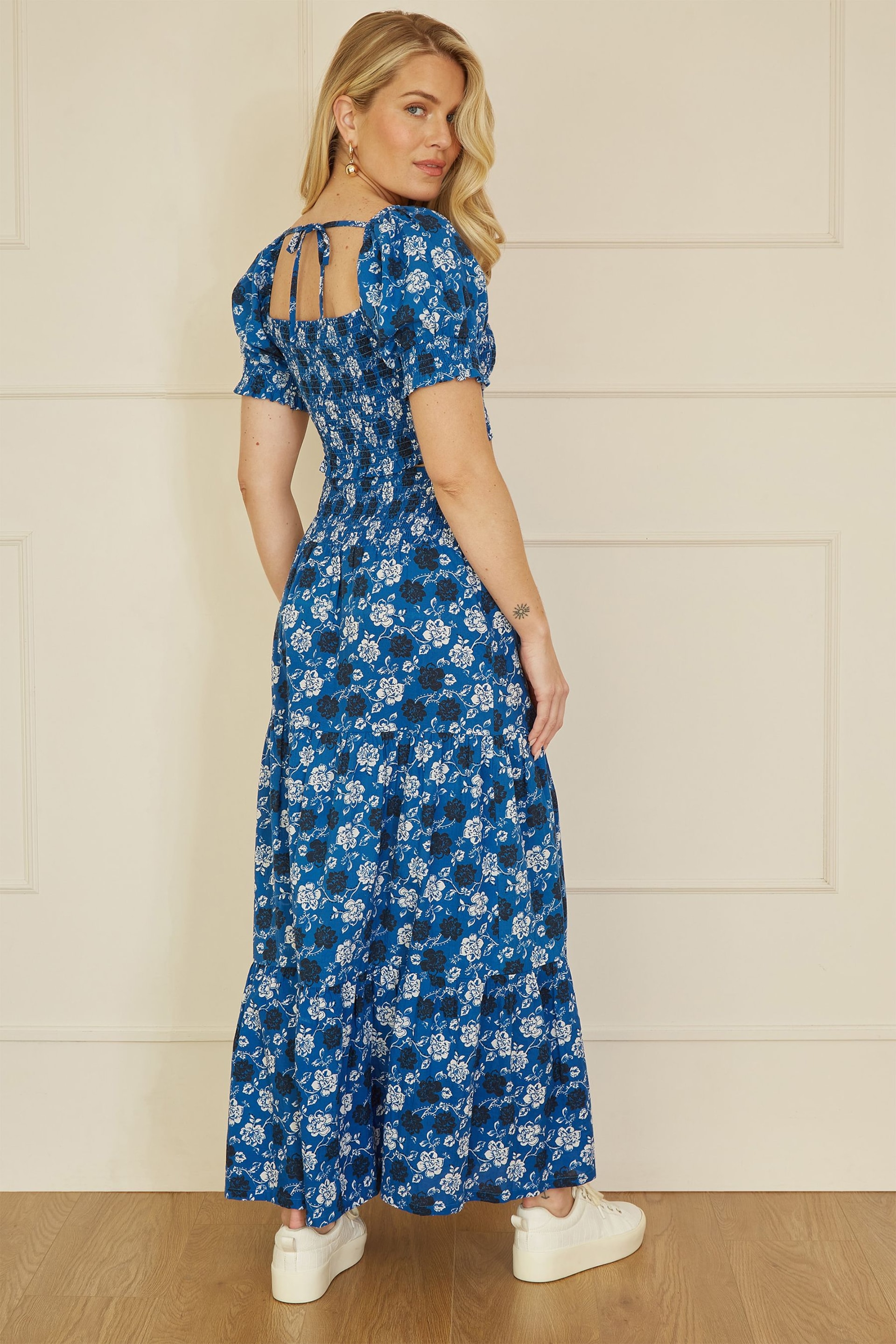 Yumi Blue Cotton Voile Floral Ruched Waist Midi Skirt - Image 3 of 4