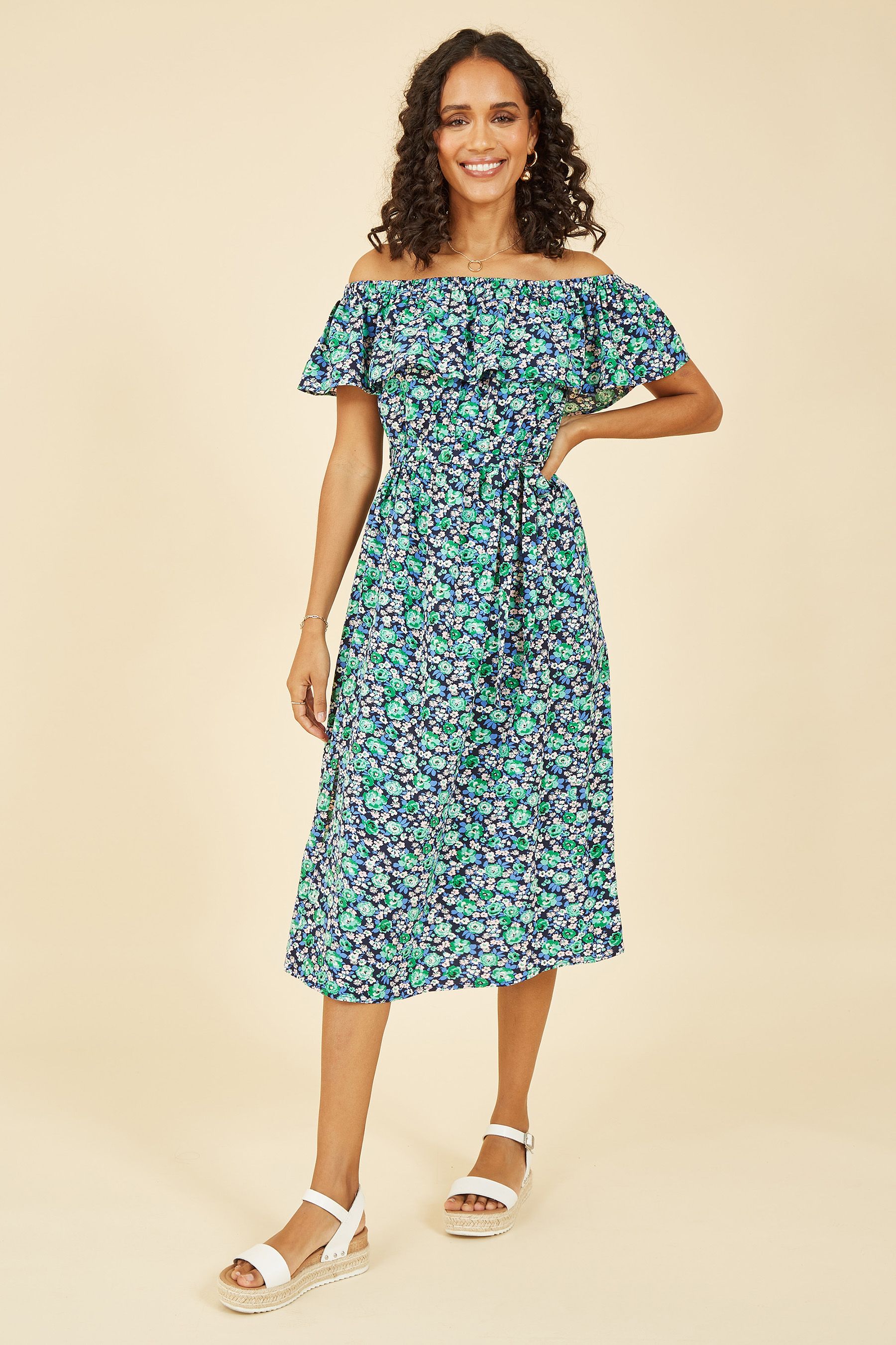 Buy Yumi Green Ditsy Floral Bardot Midi Dress from Next Luxembourg