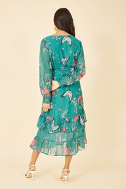 Yumi Green Crane Print Long Sleeve Wrap Midi Dress - Image 4 of 5