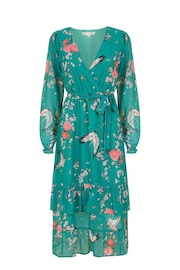 Yumi Green Crane Print Long Sleeve Wrap Midi Dress - Image 5 of 5