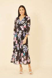 Yumi Black Floral Pleated Wrap Midi Dress - Image 1 of 5