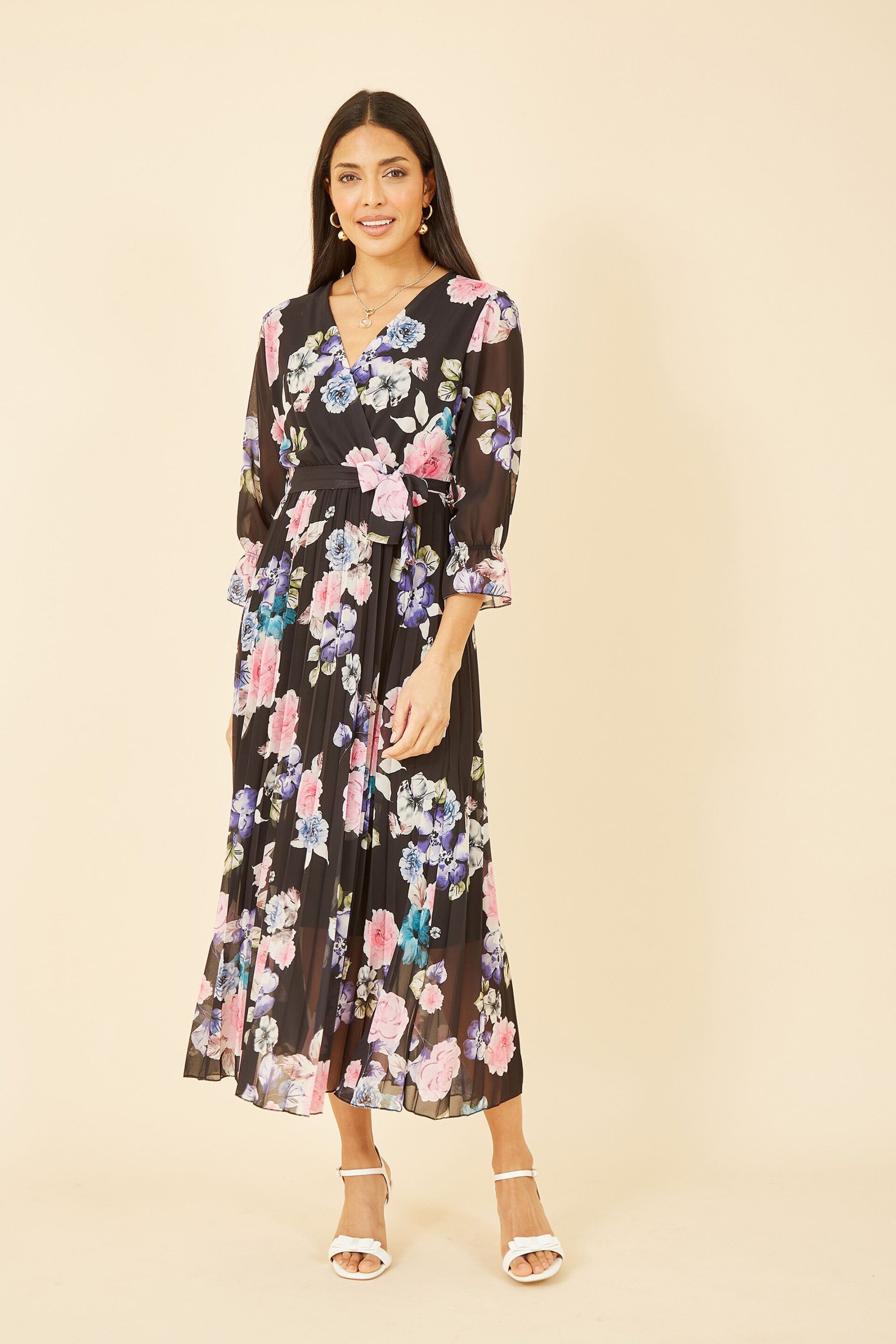 Yumi Black Floral Pleated Wrap Midi Dress - Image 1 of 5