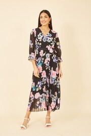 Yumi Black Floral Pleated Wrap Midi Dress - Image 2 of 5