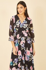 Yumi Black Floral Pleated Wrap Midi Dress - Image 3 of 5
