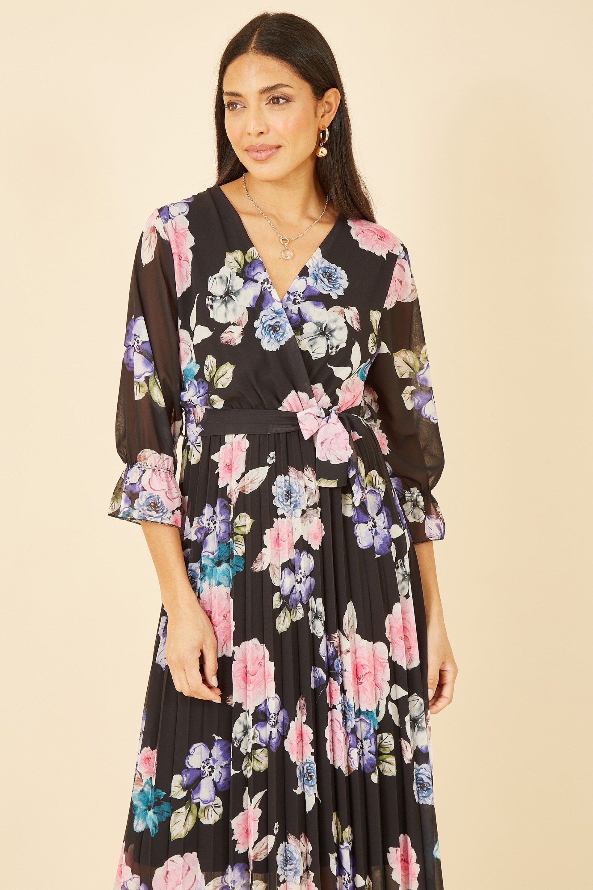 Yumi Black Floral Pleated Wrap Midi Dress - Image 3 of 5