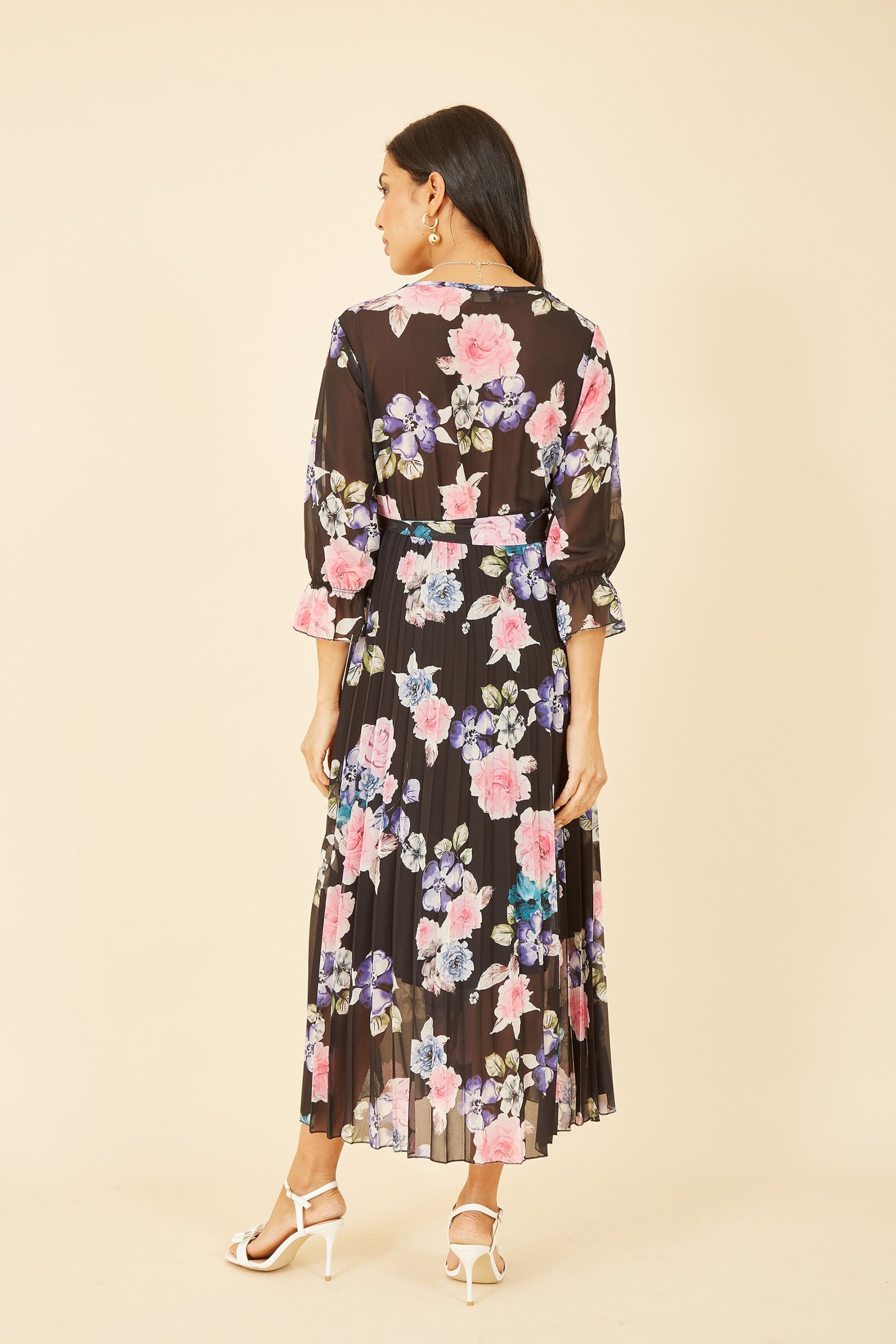 Yumi Black Floral Pleated Wrap Midi Dress - Image 4 of 5