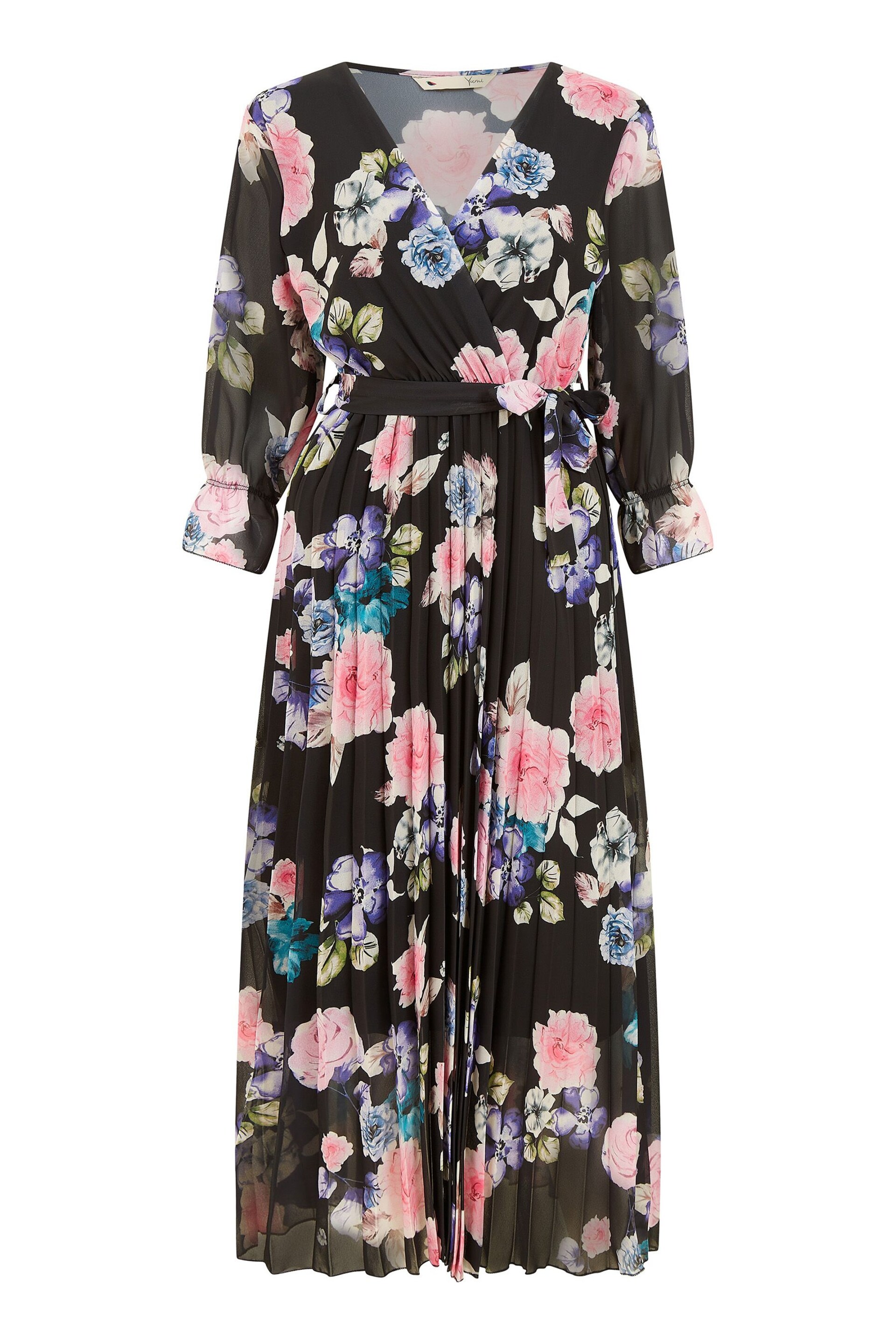 Yumi Black Floral Pleated Wrap Midi Dress - Image 5 of 5