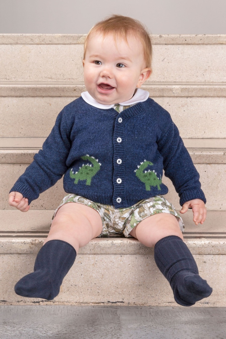 Trotters London Blue Little Navy Marl Dippy Dinosaur Cardigan - Image 1 of 4