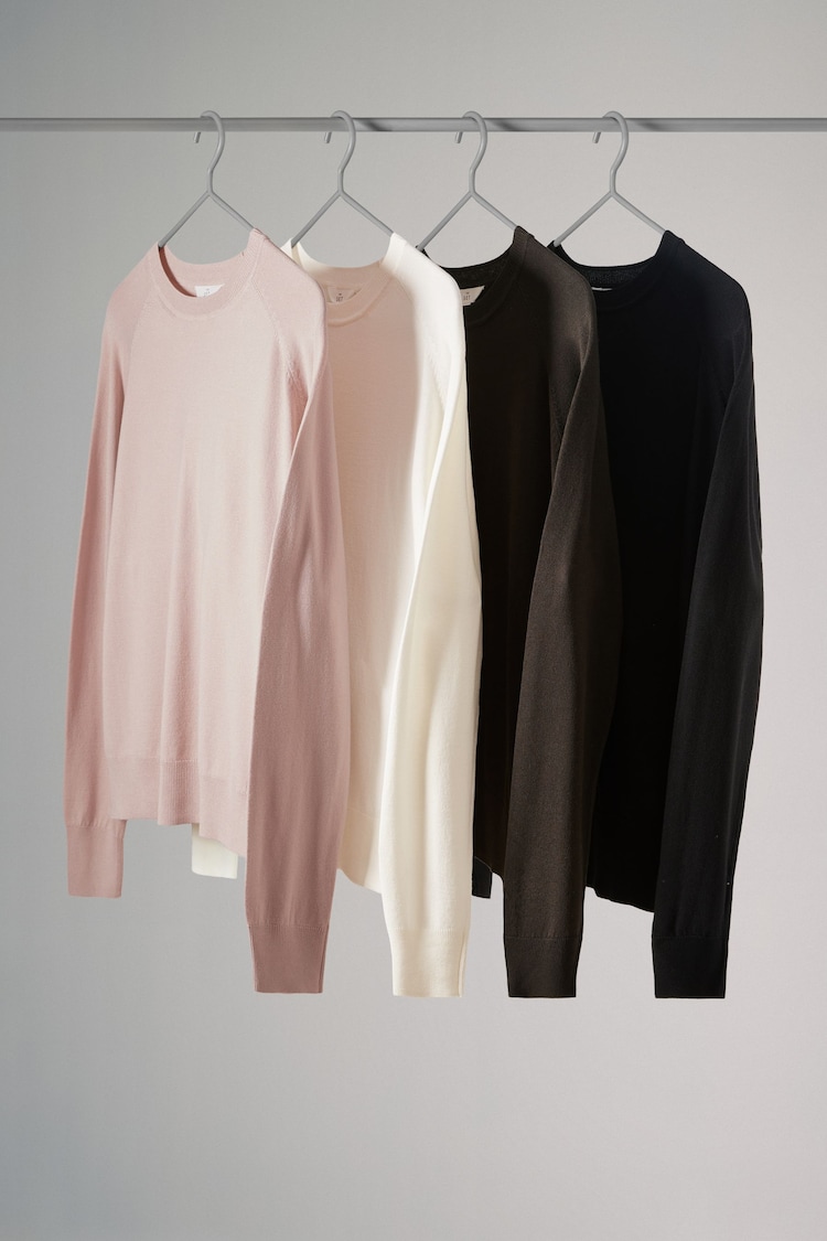 The Set Black/Pink/Chocolate Brown/Cream 4 Pack Fine Knit Crew Neck Jumpers - Image 2 of 8